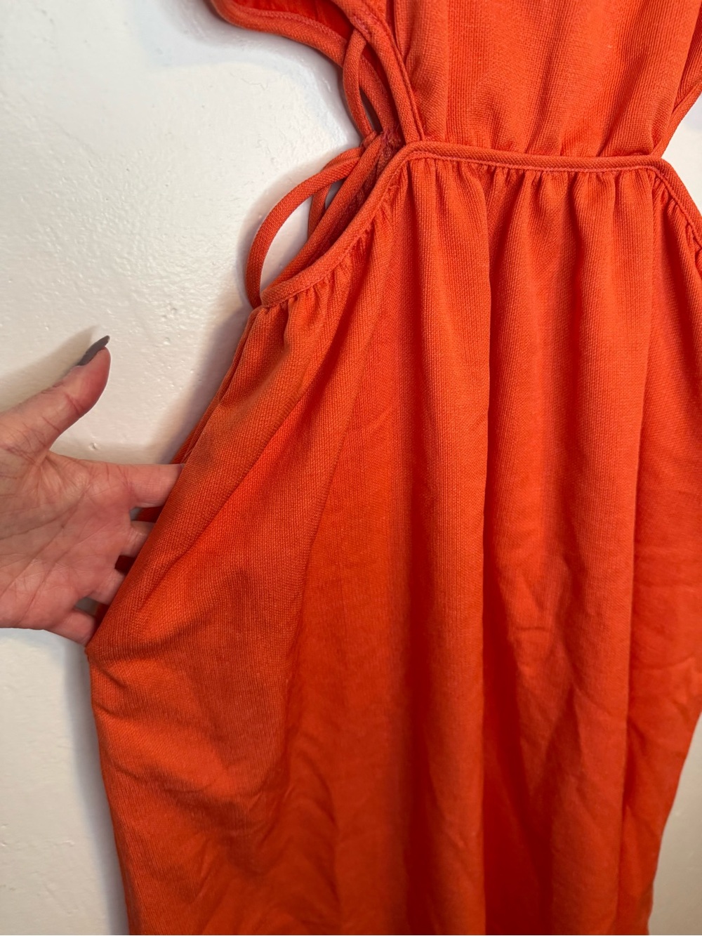 Line & Dot Coral Orange Cutout Midi Dress XS Pockets Adjustable Straps - Picture 5 of 13